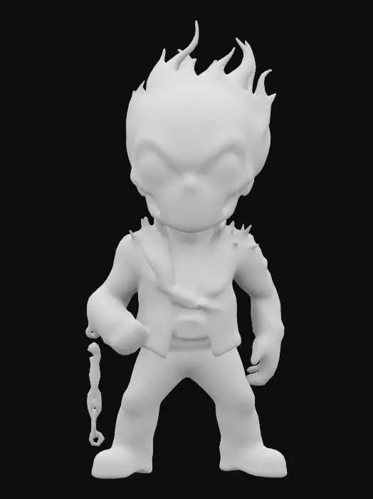 3D model for Create a 3D model of Ghost Rider in South Park style. He has large circular eyes, a rounded face, and a stubby body. Ghost Rider features a flaming skull, leather jacket with spikes, and a chain weapon. Clearly defined features, highly stylized, highly detailed, all walls and features at least 2mm thick, with bold recessed features at least 2mm deep.