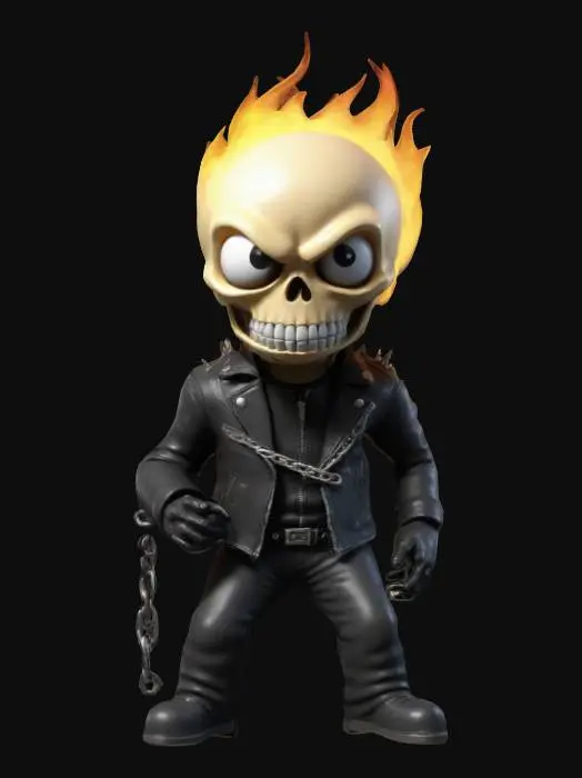3D model for Create a 3D model of Ghost Rider in South Park style. He has large circular eyes, a rounded face, and a stubby body. Ghost Rider features a flaming skull, leather jacket with spikes, and a chain weapon. Clearly defined features, highly stylized, highly detailed, all walls and features at least 2mm thick, with bold recessed features at least 2mm deep.