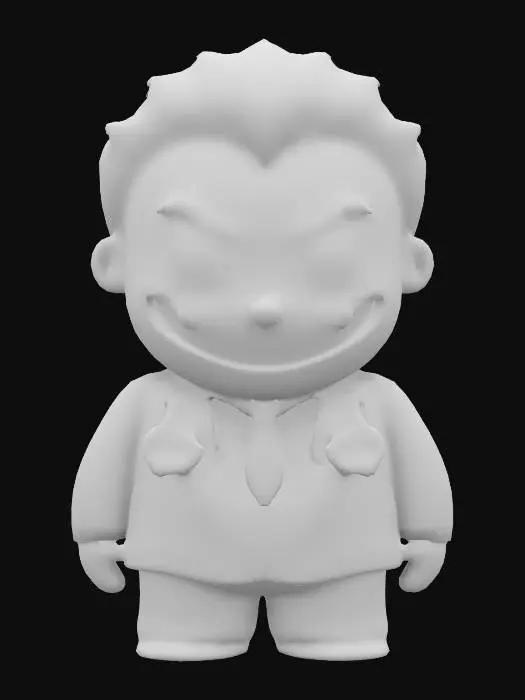 3D model for Create a 3D model of Joker in South Park style. He has large circular eyes, a rounded face, and a stubby body. Joker wears a purple suit, green vest, and tie with a flower lapel. Include his iconic green hair and wide, sinister smile. Clearly defined features, highly stylized, highly detailed, all walls and features at least 2mm thick, with bold recessed features at least 2mm deep.