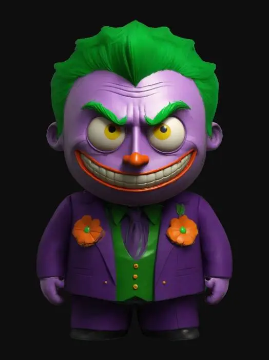 3D model for Create a 3D model of Joker in South Park style. He has large circular eyes, a rounded face, and a stubby body. Joker wears a purple suit, green vest, and tie with a flower lapel. Include his iconic green hair and wide, sinister smile. Clearly defined features, highly stylized, highly detailed, all walls and features at least 2mm thick, with bold recessed features at least 2mm deep.