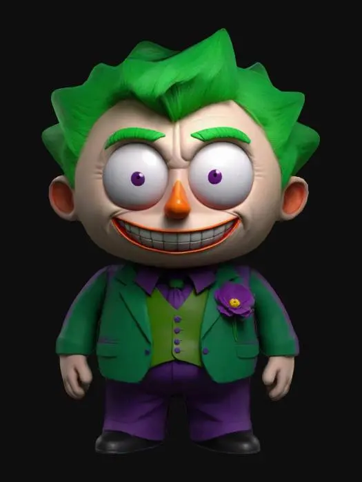 3D model for Create a 3D model of Joker in South Park style. He has large circular eyes, a rounded face, and a stubby body. Joker wears a purple suit, green vest, and tie with a flower lapel. Include his iconic green hair and wide, sinister smile. Clearly defined features, highly stylized, highly detailed, all walls and features at least 2mm thick, with bold recessed features at least 2mm deep.