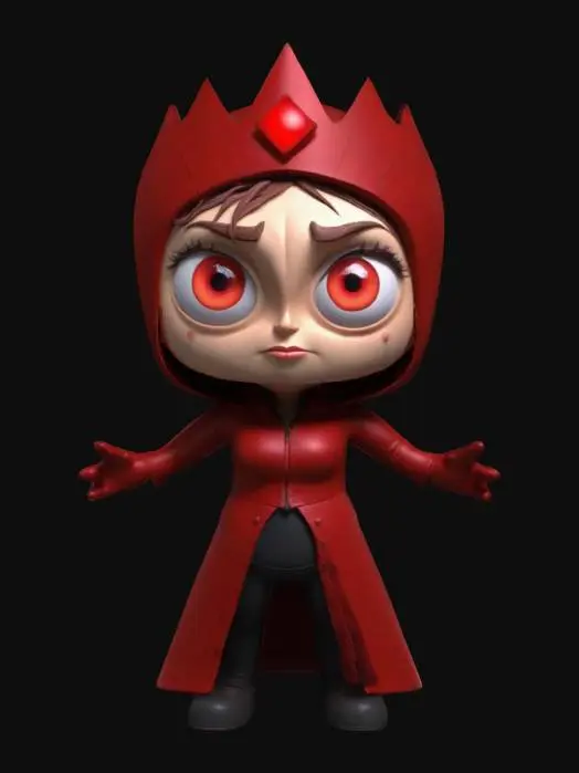 3D model for Create a 3D model of Scarlet Witch in South Park style. She has a rounded face, large eyes, and a stubby body. She wears her red crown, long red coat, and dark suit. Include her glowing hands with magical energy effects. Clearly defined features, highly stylized, highly detailed, all walls and features at least 2mm thick, with bold recessed features at least 2mm deep.