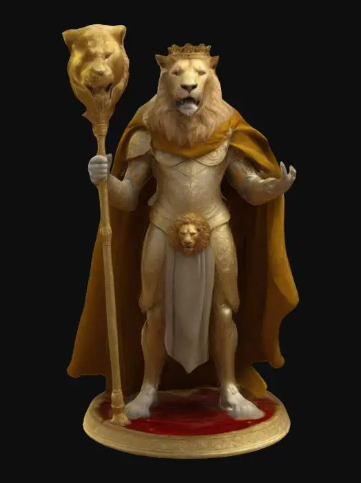 3D model for Create a 3D model of Leo as a regal figure with a lion’s mane integrated into a golden crown. Wears a flowing cape and holds a scepter topped with a lion’s head. Dynamic pose of a roaring leader. Deep-carved textures emphasize the mane, crown, and garments. Well-lit, ultra-realistic, highly detailed. Negative Prompt: blurry, flat textures, cartoonish, inconsistent proportions, low detail., #ChronoForgeWeapon#