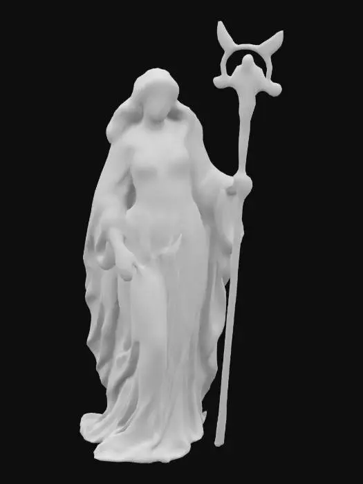3D model for Create a 3D model of Virgo as an elegant figure representing purity and precision. Wears flowing robes engraved with floral and celestial patterns. Holds a staff with a Virgin symbol. Dynamic calm pose. Deep-carved textures highlight robe details. Well-lit, ultra-realistic, highly detailed. Negative Prompt: blurry, cartoonish, inconsistent details, flat colors, low resolution.