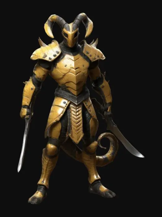 3D model for Create a 3D model of Scorpio as a fierce warrior with scorpion-like armor and a segmented tail. Holds dual blades with scorpion motifs. Dynamic pose of ready-to-strike intensity. Deep-carved textures emphasize armor and tail details. Well-lit, ultra-realistic, highly detailed. Negative Prompt: blurry, cartoonish, mismatched details, inconsistent features, low resolution.