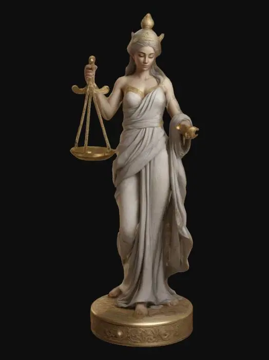 3D model for Create a 3D model of Libra as a figure holding scale with two bowls on each side, symbolizing balance and diplomacy. Dressed in flowing robes with harmony-inspired carvings. Scales feature ornate engravings. Poised stance. Deep-carved textures emphasize fabric and scale details. Well-lit, ultra-realistic, highly detailed. Negative Prompt: blurry, cartoonish, mismatched proportions, low resolution, poorly defined features.
