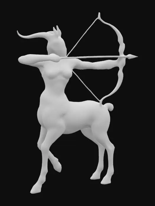 3D model for Create a 3D model of Sagittarius as an archer centaur, blending human and horse forms. Wields a bow with arrow notched, aiming forward. Armor and bow have engraved archer motifs. Dynamic aiming pose. Deeply detailed textures highlight the centaur’s musculature and engraved patterns. Well-lit, ultra-realistic, highly detailed. Negative Prompt: blurry, cartoonish, inconsistent features, low detail, flat textures.