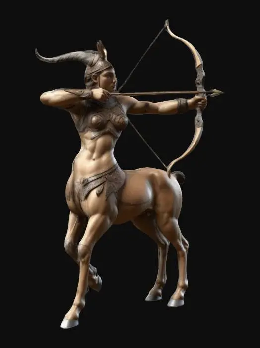 3D model for Create a 3D model of Sagittarius as an archer centaur, blending human and horse forms. Wields a bow with arrow notched, aiming forward. Armor and bow have engraved archer motifs. Dynamic aiming pose. Deeply detailed textures highlight the centaur’s musculature and engraved patterns. Well-lit, ultra-realistic, highly detailed. Negative Prompt: blurry, cartoonish, inconsistent features, low detail, flat textures.