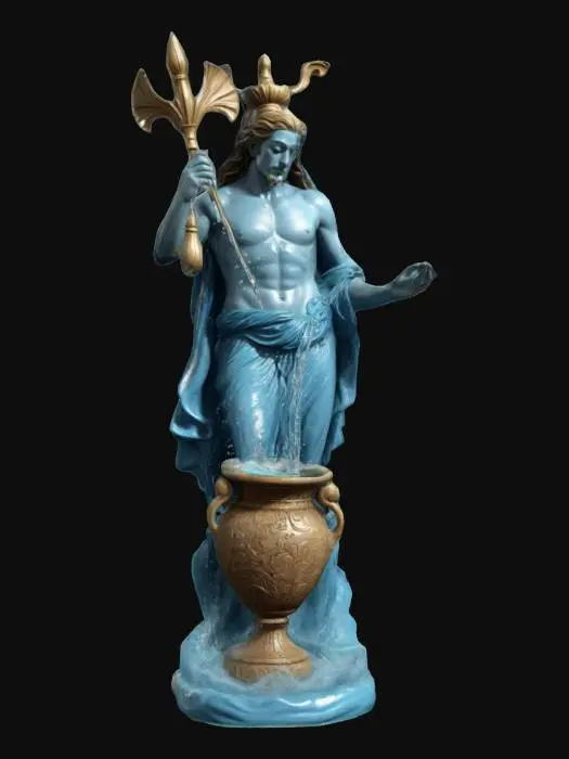 3D model for Create a 3D model of Aquarius as a figure holding a flowing urn pouring water. Wears celestial-themed robes with water bearer motifs. Dynamic pose of pouring water. Deep-carved textures highlight the water’s flow and fabric details. Well-lit, ultra-realistic, highly detailed. Negative Prompt: blurry, cartoonish, inconsistent details, flat colors, low resolution.
