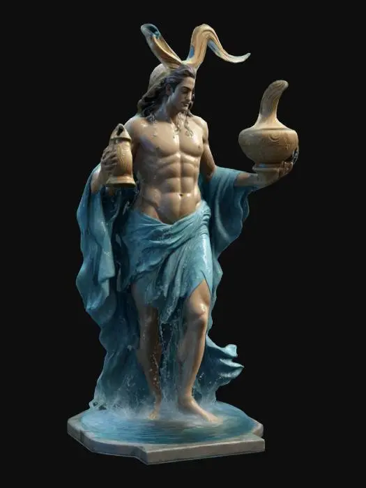 3D model for Create a 3D model of Aquarius as a figure holding a flowing urn pouring water. Wears celestial-themed robes with water bearer motifs. Dynamic pose of pouring water. Deep-carved textures highlight the water’s flow and fabric details. Well-lit, ultra-realistic, highly detailed. Negative Prompt: blurry, cartoonish, inconsistent details, flat colors, low resolution.
