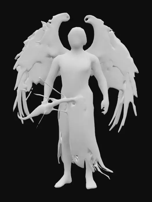 3D model for A twisted version of Cupid—dark wings, cracked golden bow, and a sinister grin. His arrows are broken, and his quiver carries blackened, jagged arrows dripping with dark energy. His attire is tattered but still elegant, with glowing red veins running across his body. Ultra-detailed, deep-cut textures, bold features, and high-resolution materials. #valentine#
