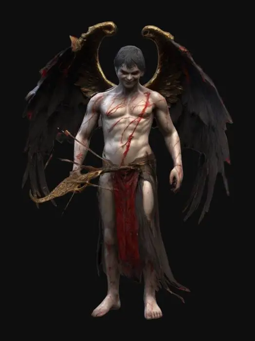 3D model for A twisted version of Cupid—dark wings, cracked golden bow, and a sinister grin. His arrows are broken, and his quiver carries blackened, jagged arrows dripping with dark energy. His attire is tattered but still elegant, with glowing red veins running across his body. Ultra-detailed, deep-cut textures, bold features, and high-resolution materials. #valentine#