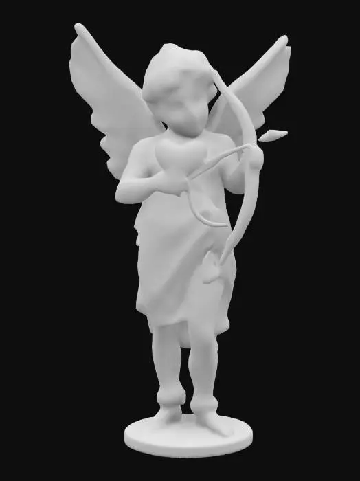 3D model for A highly detailed Cupid with elegant, feathered wings, a gold-trimmed toga, and a magical heart-shaped bow. His quiver holds glowing arrows, each pulsing with energy. His expression is playful yet wise, with deep-carved textures in his attire. The model should have 2mm thick walls, deep-cut details, and a smooth, Well-lit, ultra-realistic, highly detailed texture overall. , #valentine#