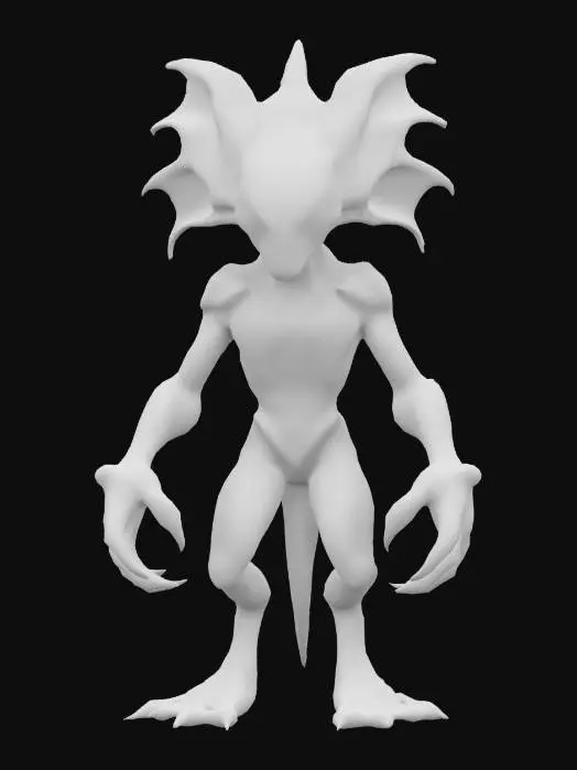 3D model for A Guillermo del Toro-Inspired Creature which is whimsical yet terrifying entity, with asymmetrical eyes embedded in its palms. Its elongated body is covered in etched runes and organic armor, and its face is disturbingly human yet alien-like. Deeply carved, intricate details with a high-res, hand-crafted appearance. 
Negative Prompt: Simple symmetry, soft detail, lack of carving.