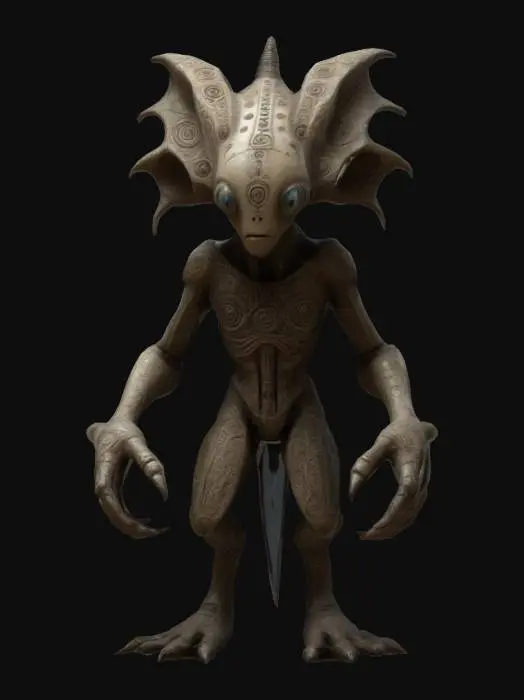 3D model for A Guillermo del Toro-Inspired Creature which is whimsical yet terrifying entity, with asymmetrical eyes embedded in its palms. Its elongated body is covered in etched runes and organic armor, and its face is disturbingly human yet alien-like. Deeply carved, intricate details with a high-res, hand-crafted appearance. 
Negative Prompt: Simple symmetry, soft detail, lack of carving.