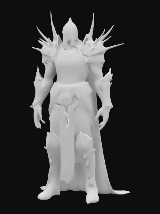 3D model for A Soulsborne inspired towering undead knight, body covered in rusted, spiked armor fused with flesh. Hollow, glowing eyes stare through a broken helm. Exposed sinew wraps around ancient steel plating. Gothic engravings on armor with deep carvings. Ultra-detailed textures with polished and corroded contrasts. 
Negative Prompt: Plastic-looking, overly clean surfaces, unrealistic proportions.