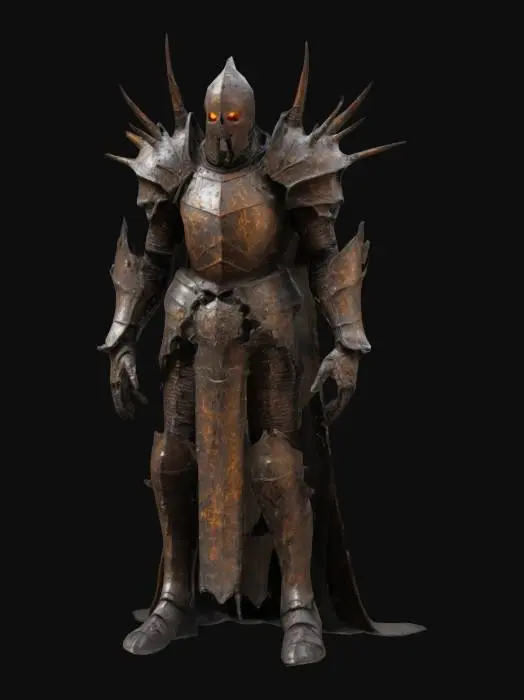 3D model for A Soulsborne inspired towering undead knight, body covered in rusted, spiked armor fused with flesh. Hollow, glowing eyes stare through a broken helm. Exposed sinew wraps around ancient steel plating. Gothic engravings on armor with deep carvings. Ultra-detailed textures with polished and corroded contrasts. 
Negative Prompt: Plastic-looking, overly clean surfaces, unrealistic proportions.