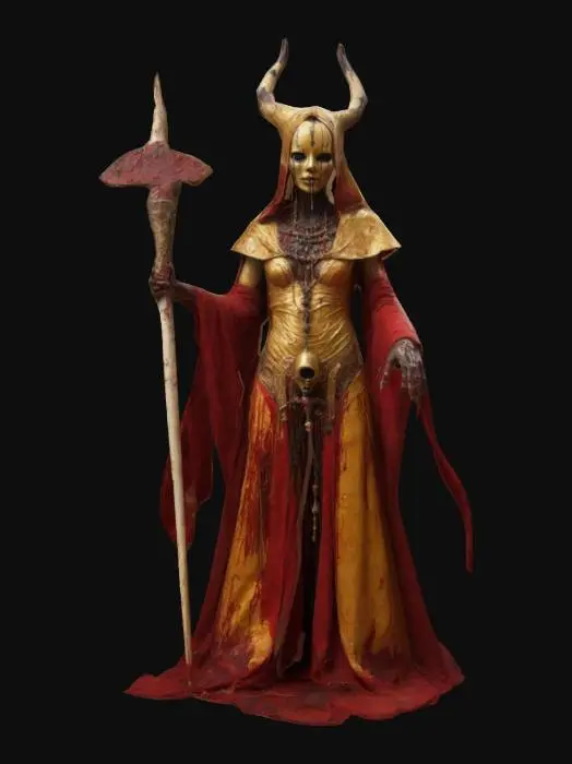 3D model for A sinister high priestess, her skin painted in ritualistic blood symbols, wearing ornate golden robes stained with dark streaks. Her face is concealed by an intricate bone mask, with crimson light seeping from the cracks. Long fingernails, dipped in dried blood, hold a sacrificial dagger, while her robes flow unnaturally, defying gravity. Ultra-realistic carvings, deep-textured materials, eerie atmosphere.
Negative Prompt: Smooth, cartoony, unrealistic lighting, plastic-like materials., #women#