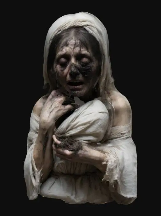 3D model for A haggard, decayed woman, her face sunken, mouth permanently twisted in agony. Her arms cradle an empty bundle, wrapped in rotting cloth. Black tears streak her face, her hair is tangled and matted, and her elongated fingers are cracked and bony. The gown is stained with time, its lace fused with flesh, pulsating as if alive. Ultra-detailed deep engravings, realistic decayed textures.
Negative Prompt: Doll-like, smooth, emotionless, overly symmetrical., #women#