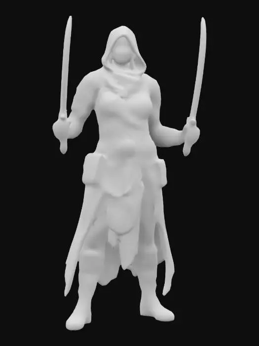 3D model for A ruthless desert bandit queen, her face concealed by a battle-scarred mask. Her layered leather-and-cloth armor is reinforced with scavenged metal plating. Twin curved daggers rest at her sides, while a flowing tattered scarf wraps around her neck, fluttering in the wind. Her piercing gaze glows beneath her hood, and a belt of stolen relics jingles with each step. High-detail fabric stitching, deep-carved engravings, realistic weathering effects.
Negative Prompt: cartoonish, #women#