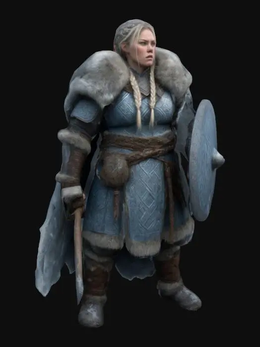 3D model for A ferocious Nordic warrior, clad in thick furs, frost-coated armor, and intricate runic engravings. Her massive, round shield is battered but unbroken, etched with deep carvings. She wields a frost-forged battle hammer, mist curling from its edges. Her braids are woven with small talismans, and her cloak is tattered from countless battles. Ultra-detailed fur textures, high-res metallic sheen, realistic ice effects.
Negative Prompt: Low-poly, weak texturing, simplistic, cartoonish., #women#