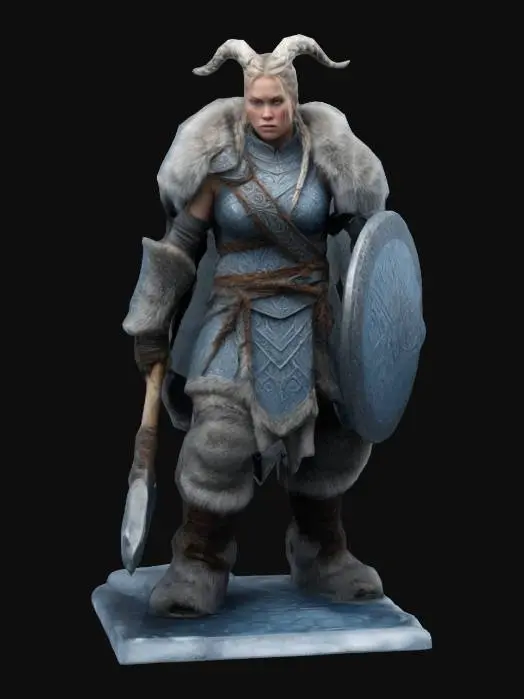 3D model for A ferocious Nordic warrior, clad in thick furs, frost-coated armor, and intricate runic engravings. Her massive, round shield is battered but unbroken, etched with deep carvings. She wields a frost-forged battle hammer, mist curling from its edges. Her braids are woven with small talismans, and her cloak is tattered from countless battles. Ultra-detailed fur textures, high-res metallic sheen, realistic ice effects.
Negative Prompt: Low-poly, weak texturing, simplistic, cartoonish., #women#