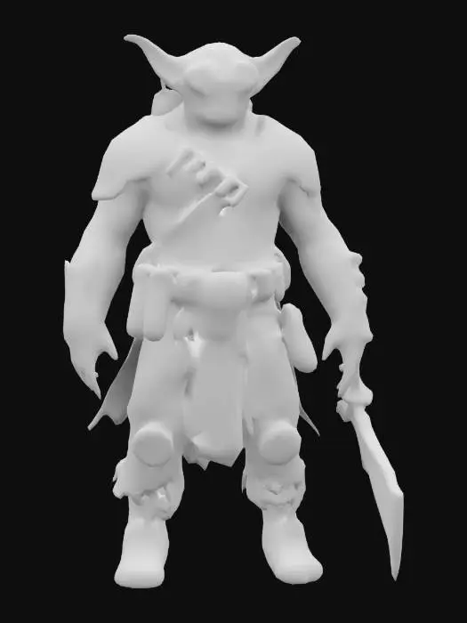 3D model for A wicked, grinning goblin, clad in patchwork armor reinforced with explosives. His leather belt is filled with grenades and makeshift bombs, while his rusty goggles reflect flickering flames. His dagger drips with poison, and his thin, wiry frame is covered in burn scars from past sabotage missions. Ultra-detailed textures, deep-carved armor etchings, high-resolution lighting effects., #game figure#