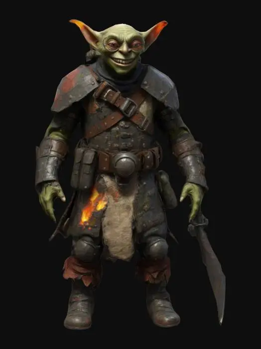 3D model for A wicked, grinning goblin, clad in patchwork armor reinforced with explosives. His leather belt is filled with grenades and makeshift bombs, while his rusty goggles reflect flickering flames. His dagger drips with poison, and his thin, wiry frame is covered in burn scars from past sabotage missions. Ultra-detailed textures, deep-carved armor etchings, high-resolution lighting effects., #game figure#