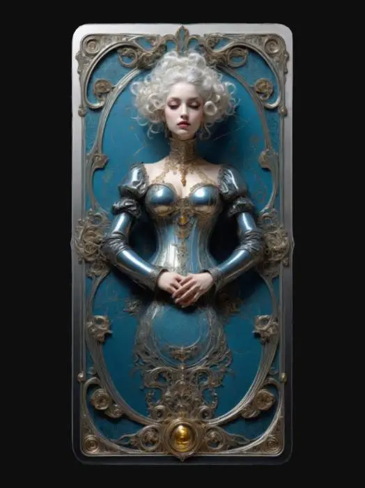 3D model for  TAROT  CARD of  Emo Rococo Nouveau Steel  romanticism is futuristic elegance unique style blends intricate baroque aesthetics with vivid emotional expression and modernism, creating a striking and mesmerizing visualized CARD