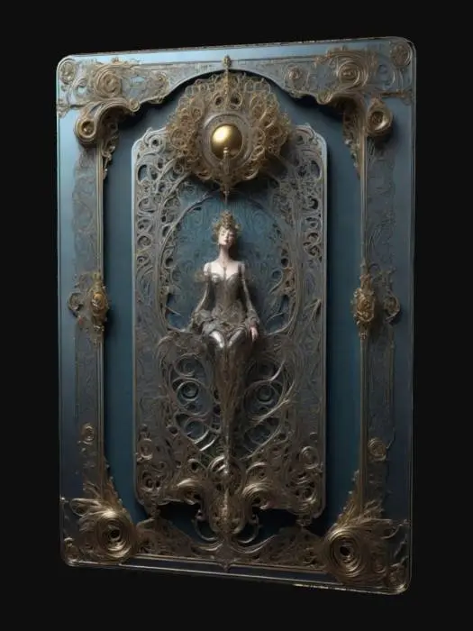 3D model for TAROT CARD of Emo Rococo Nouveau Steel romanticism—futuristic elegance fused with intricate baroque aesthetics. A unique blend of ornate, metallic filigree and deep emotional expression, with a surreal, dreamlike atmosphere. Ethereal lighting, rich textures, and flowing gothic details merge with sleek, modern elements, crafting a mesmerizing visual masterpiece that embodies past and future in perfect harmony.