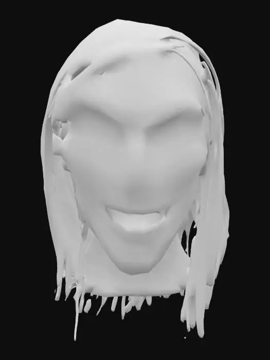3D model for A haunting, elongated face with a wide, grotesque smile, cracked and partially stitched. Pale, sickly skin with visible veins, scars, and wrinkles. Deep eye sockets with glowing red eyes. Mouth reveals jagged, decaying teeth. Long, dark hair cascades over the face, enhancing the eerie atmosphere. Photorealistic, highly detailed, dimly lit, realistic textures. Shadows emphasize contours, production-ready 3D model.