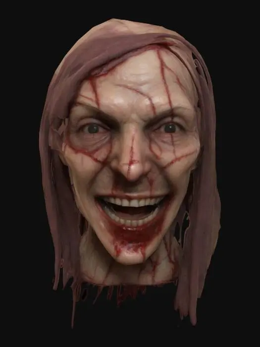 3D model for A haunting, elongated face with a wide, grotesque smile, cracked and partially stitched. Pale, sickly skin with visible veins, scars, and wrinkles. Deep eye sockets with glowing red eyes. Mouth reveals jagged, decaying teeth. Long, dark hair cascades over the face, enhancing the eerie atmosphere. Photorealistic, highly detailed, dimly lit, realistic textures. Shadows emphasize contours, production-ready 3D model.