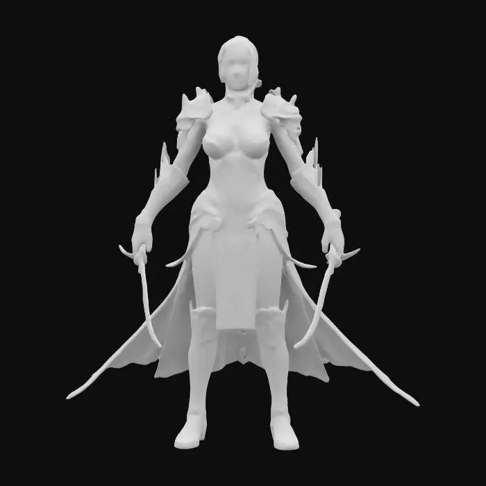 3D model for A fierce and alluring female warrior, clad in a revealing, intricately designed battle dress that emphasizes her strength and agility. The dress is made of flowing, metallic fabrics with strategic cutouts and shimmering accents. She wields a pair of deadly, curved blades, their edges glowing with an ethereal light. Her expression is fierce and determined. High-resolution, photorealistic detail.