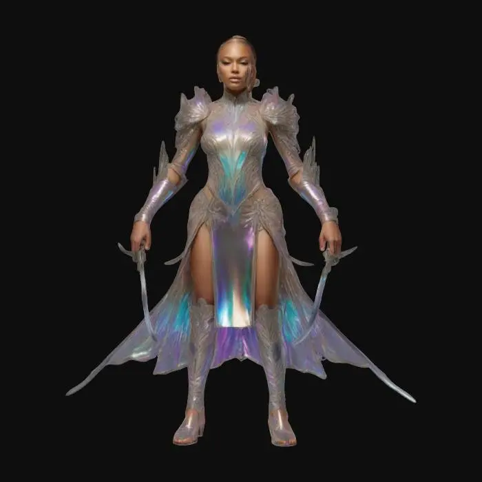 3D model for A fierce and alluring female warrior, clad in a revealing, intricately designed battle dress that emphasizes her strength and agility. The dress is made of flowing, metallic fabrics with strategic cutouts and shimmering accents. She wields a pair of deadly, curved blades, their edges glowing with an ethereal light. Her expression is fierce and determined. High-resolution, photorealistic detail.