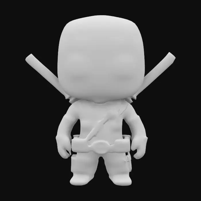 3D model for Create a 3D model of Deadpool in South Park style with large eyes, a rounded face, and a stubby body. He wears his red and black suit with his utility belt, swords strapped to his back, and one arm waving. Clearly defined features, highly stylized, highly detailed, all walls and features at least 2mm thick, with bold recessed features at least 2mm deep.