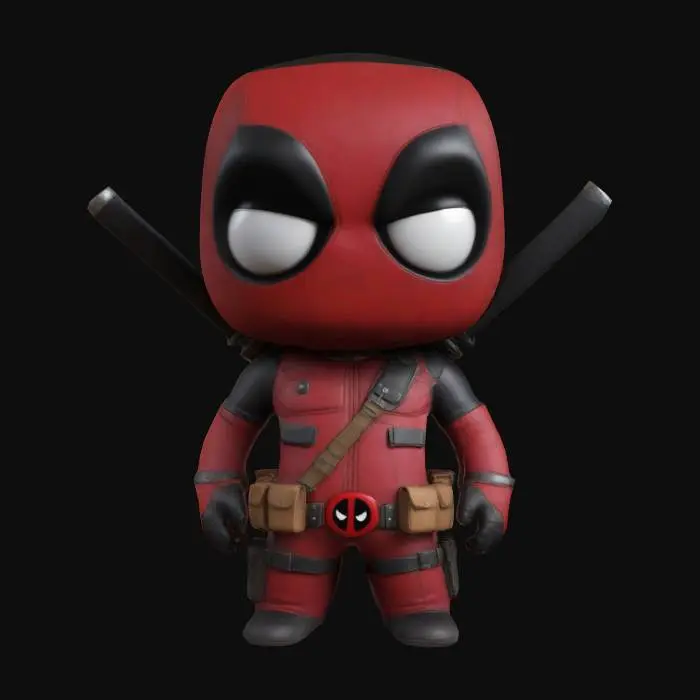 3D model for Create a 3D model of Deadpool in South Park style with large eyes, a rounded face, and a stubby body. He wears his red and black suit with his utility belt, swords strapped to his back, and one arm waving. Clearly defined features, highly stylized, highly detailed, all walls and features at least 2mm thick, with bold recessed features at least 2mm deep.