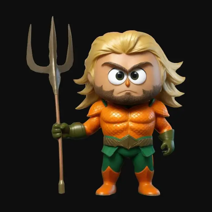 3D model for Create a 3D model of Aquaman in South Park style with a rounded face, large eyes, and a stubby body. He wears his orange-scaled armor and green pants, holding a trident. Include his flowing blonde hair. Clearly defined features, highly stylized, highly detailed, all walls and features at least 2mm thick, with bold recessed features at least 2mm deep.