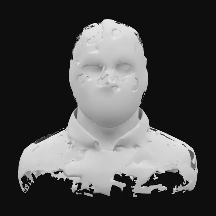 3D model for a highly detailed, realistic horror texture for Jason Voorhees. Give him a worn, chipped hockey mask with faint blood smears and dirt stains around the edges. The mask’s eye holes reveal intense, shadowed eyes. His skin underneath should appear pale and slightly decayed around the neck. The dark, tattered clothing has patches of grime, mud, and dried blood splatter, reflecting years of relentless slashing and survival in the woods. Emphasize gritty realism and a foreboding, menacing feel.