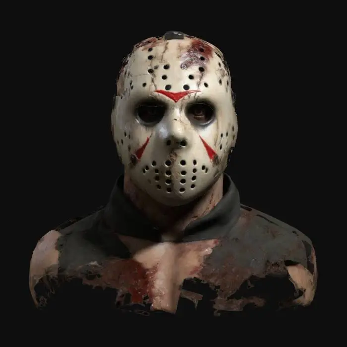 3D model for a highly detailed, realistic horror texture for Jason Voorhees. Give him a worn, chipped hockey mask with faint blood smears and dirt stains around the edges. The mask’s eye holes reveal intense, shadowed eyes. His skin underneath should appear pale and slightly decayed around the neck. The dark, tattered clothing has patches of grime, mud, and dried blood splatter, reflecting years of relentless slashing and survival in the woods. Emphasize gritty realism and a foreboding, menacing feel.