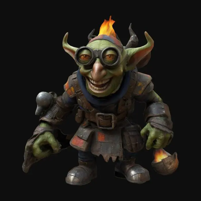 3D model for A wicked, grinning goblin, clad in patchwork armor reinforced with explosives. His leather belt is filled with grenades and makeshift bombs, while his rusty goggles reflect flickering flames. His dagger drips with poison, and his thin, wiry frame is covered in burn scars from past sabotage missions. Ultra-detailed textures, deep-carved armor etchings, high-resolution lighting effects., #game figure#