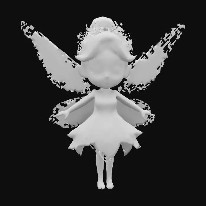 3D model for A highly detailed, ultra-realistic fairy princess inspired by Tinker Bell and DreamWorks fantasy characters. Large, expressive emerald-green eyes, delicate sculpted facial features, and elegantly curled blonde hair tied in a stylish updo. She wears a vibrant, layered petal dress with embroidered golden accents, shimmering translucent wings resembling dragonfly patterns, and dainty leaf-wrapped shoes. Her pose is dynamic, mid-flight with a trail of soft, glowing pixie dust., #fairy#