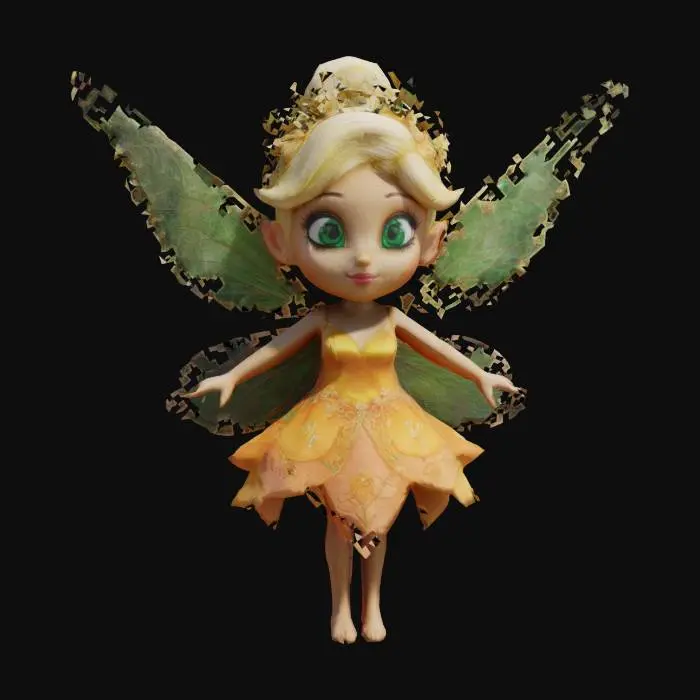 3D model for A highly detailed, ultra-realistic fairy princess inspired by Tinker Bell and DreamWorks fantasy characters. Large, expressive emerald-green eyes, delicate sculpted facial features, and elegantly curled blonde hair tied in a stylish updo. She wears a vibrant, layered petal dress with embroidered golden accents, shimmering translucent wings resembling dragonfly patterns, and dainty leaf-wrapped shoes. Her pose is dynamic, mid-flight with a trail of soft, glowing pixie dust., #fairy#