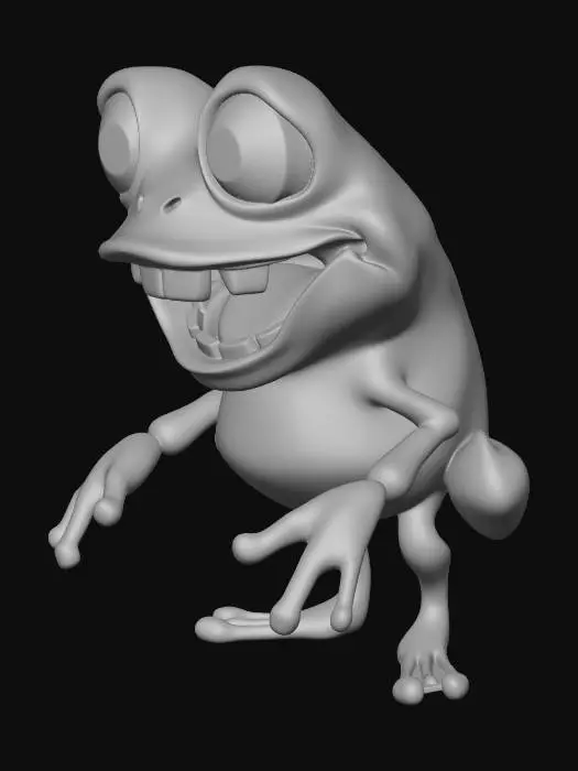 3D model for Low poly cartoon creepy frog mascot, bright green body, purple hands and feet, kindergarten mascot horror style, game ready, Unity compatible