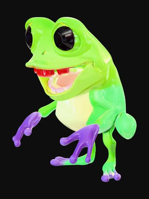 3D model for Low poly cartoon creepy frog mascot, bright green body, purple hands and feet, kindergarten mascot horror style, game ready, Unity compatible