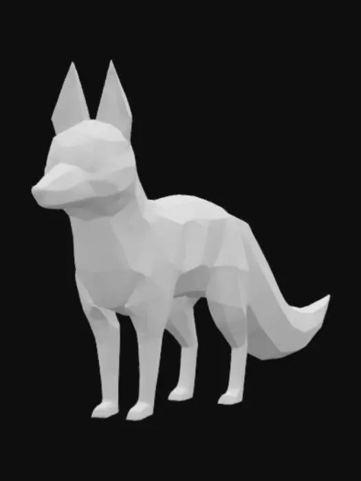3D model for low poly fox, stylized proportions, pointy ears, bushy tail, orange and white fur colors, simple geometry, minimal textures, clean mesh, standing or walking pose, vibrant colors, game ready, isometric view