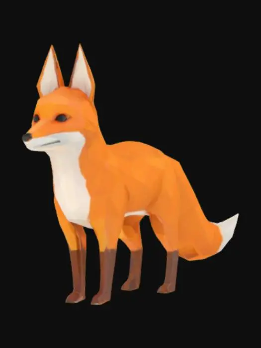 3D model for low poly fox, stylized proportions, pointy ears, bushy tail, orange and white fur colors, simple geometry, minimal textures, clean mesh, standing or walking pose, vibrant colors, game ready, isometric view