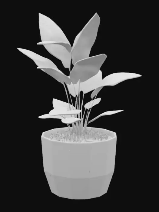 3D model for low poly potted plant, ceramic or clay pot, stylized leafy plant inside, simple pot shape, minimal textures, clean geometry, vibrant green foliage, soil visible, small decorative asset, game ready, isometric view