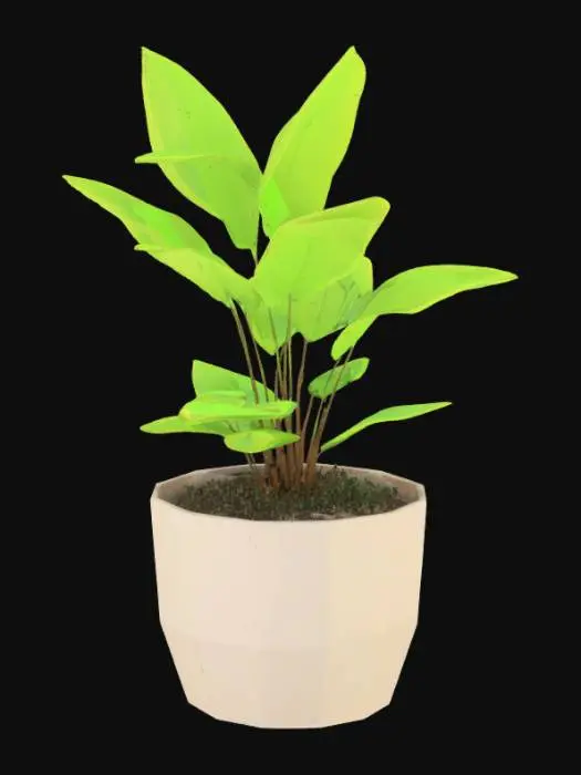 3D model for low poly potted plant, ceramic or clay pot, stylized leafy plant inside, simple pot shape, minimal textures, clean geometry, vibrant green foliage, soil visible, small decorative asset, game ready, isometric view
