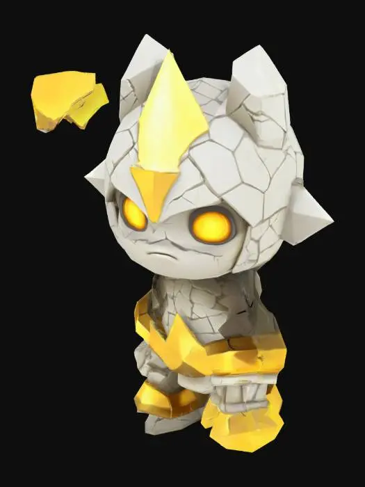 3D model for Cute cartoonish character. Shattered Deity – A fractured stone-like being in T-pose, glowing cracks running through its divine form. Wears broken golden armor, pieces levitating around it. Eyes flicker with ancient sorrow. Low-poly.
