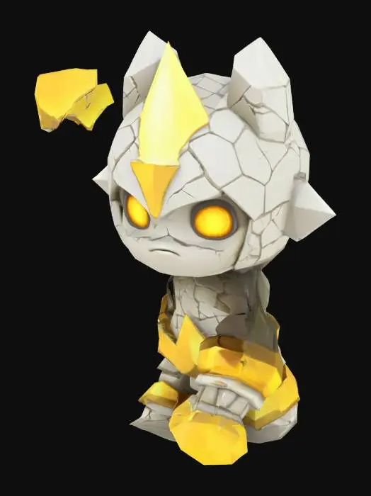 3D model for Cute cartoonish character. Shattered Deity – A fractured stone-like being in T-pose, glowing cracks running through its divine form. Wears broken golden armor, pieces levitating around it. Eyes flicker with ancient sorrow. Low-poly.